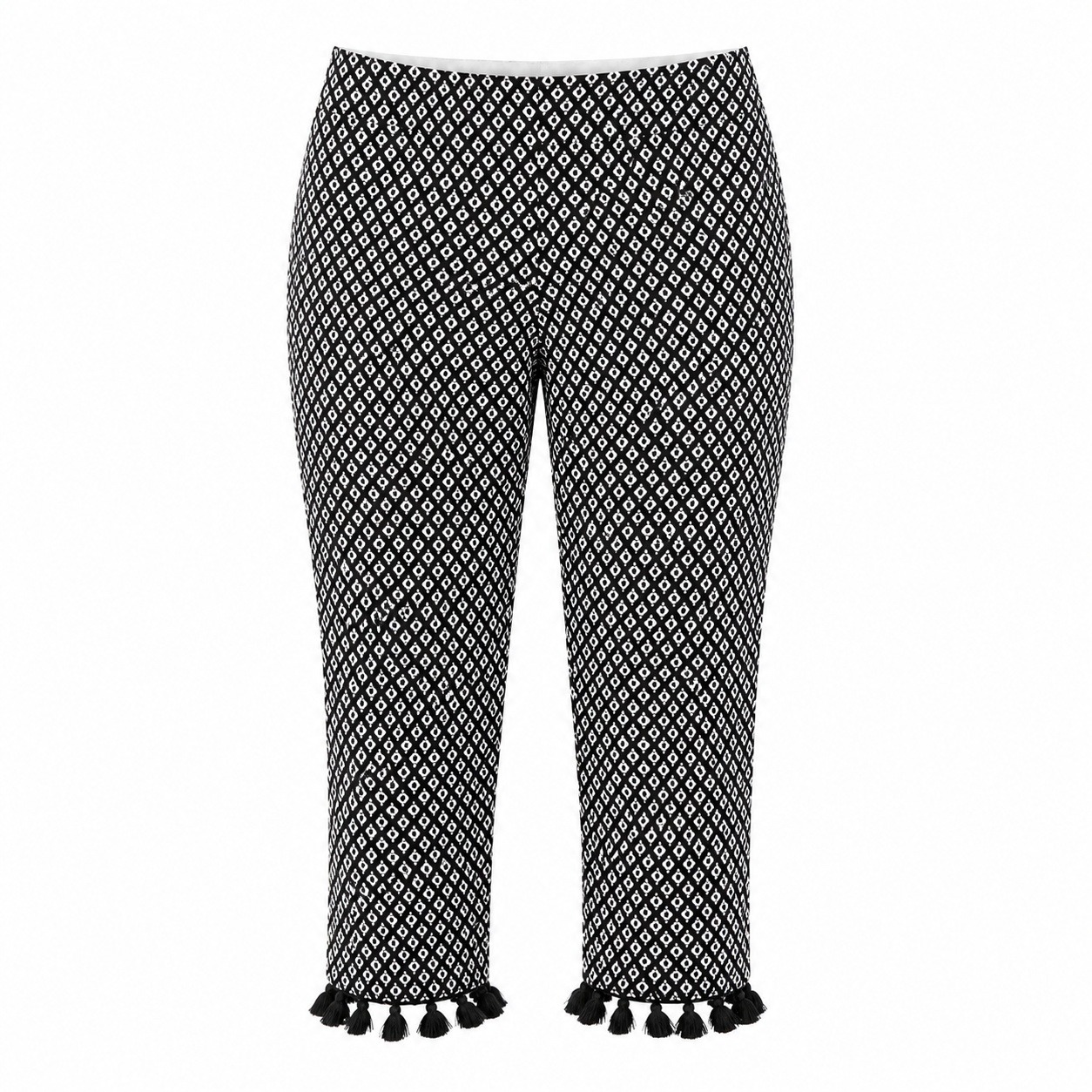 Chico's Brigitte Slim Leg Pants 6 Black White Nwt Tassel Hem Geo Print Career